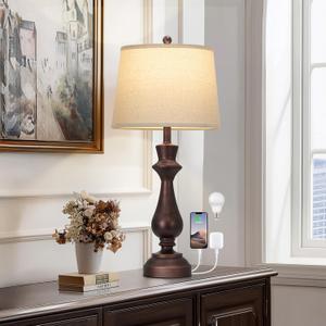 Cinkeda Touch Lamps for Night Stand- 29.5" Tall Bedside Lamp with USB C+A, 3 Way Dimmable Bedroom Lamps, Vintage Brown Table Lamps for Living Room,Single Brown