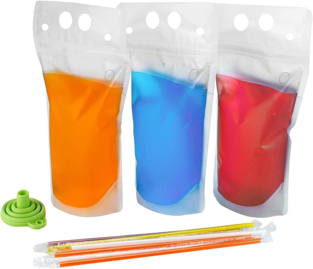 C CRYSTAL LEMON 100PCS Reclosable Alcohol Pouches with Straws & Funnel, Leakproof Drink Bags for Juice, Smoothies, Cocktails, Slushies