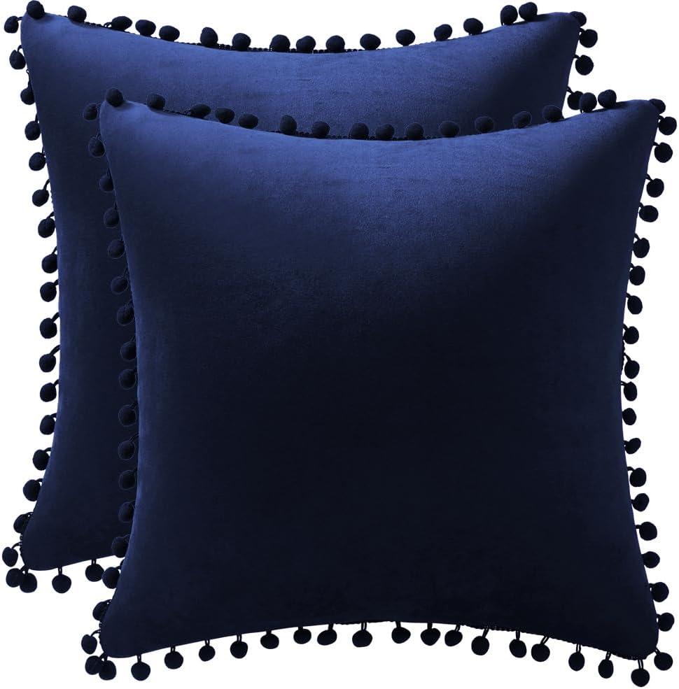 DEZENE Couch Pillow Cases 24x24 Navy: 2 Pack Cozy Soft Pom-poms Velvet Square Throw Pillow Covers for Farmhouse Home Decor 
