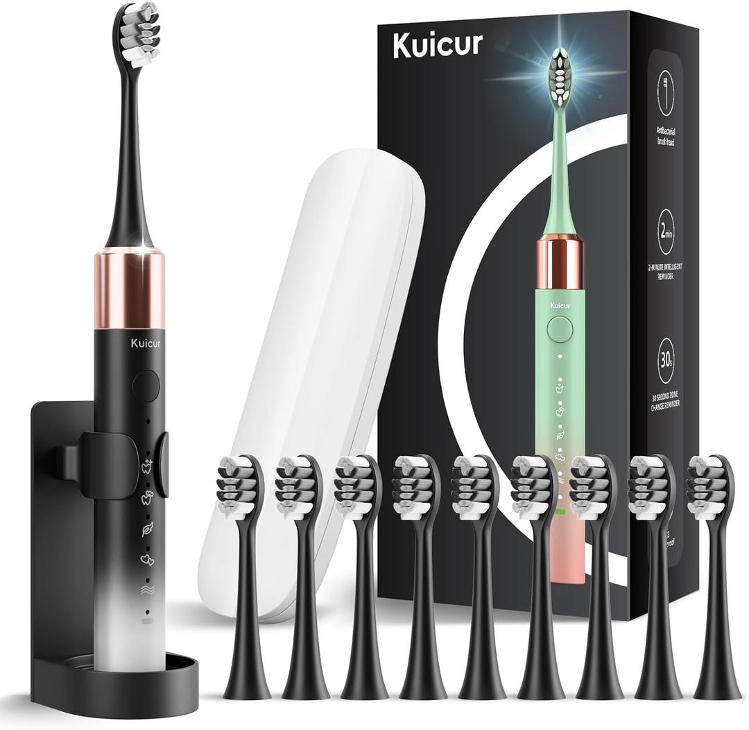 Electric Toothbrush for Adults and Kids, Comes with 10 Brush Heads & Travel Case, 5 Modes with 2 Minutes Built in Smart Timer, One Charge for 90 Days, 42,000 VPM Motor (Black-white)