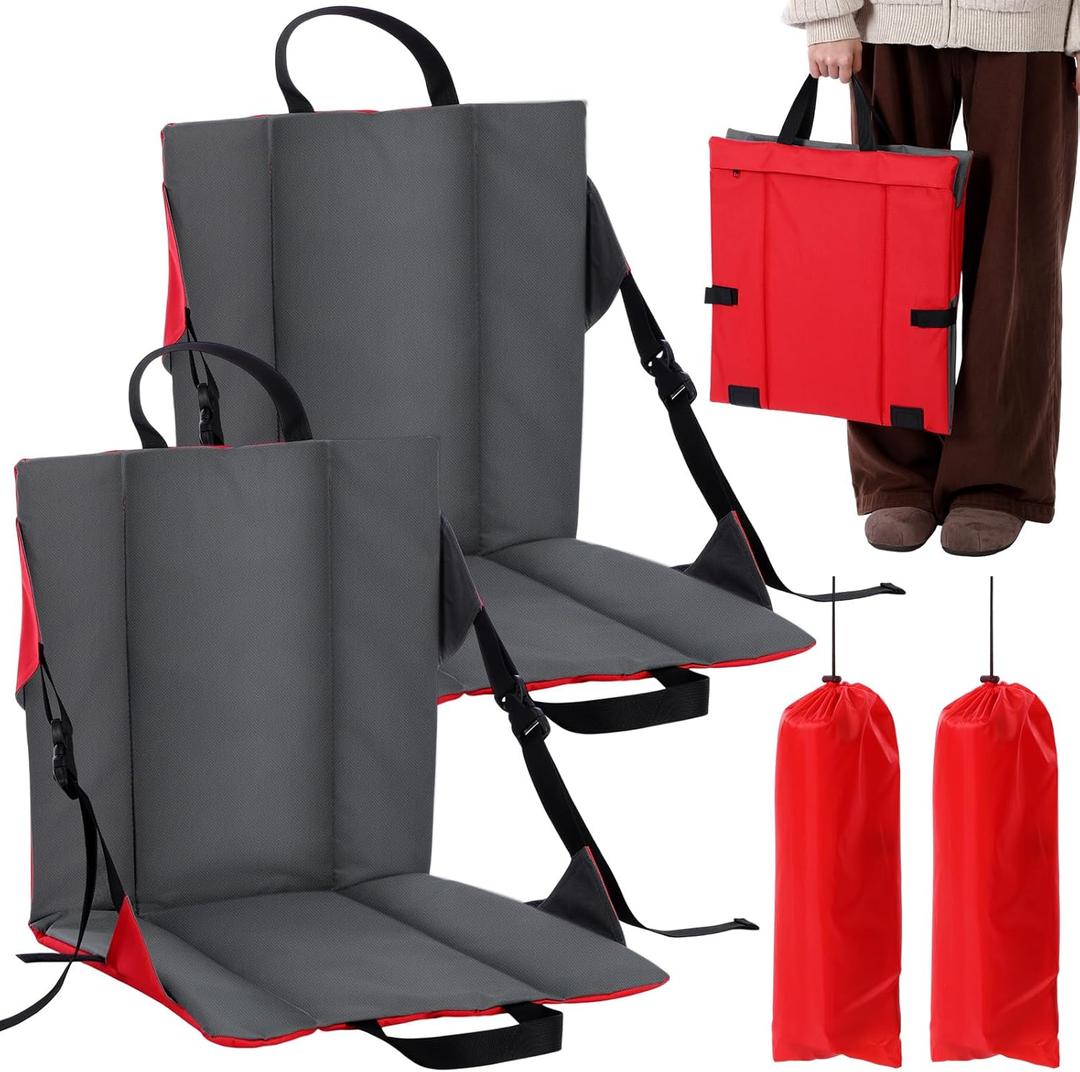 Briwooody 2 Packs Stadium Seats with Back Support Foldable Portable Bleacher Chairs with Adjustable Strap, Bleacher Chair with Back and Cushion for Sport Event, Hiking, Fishing, Camping