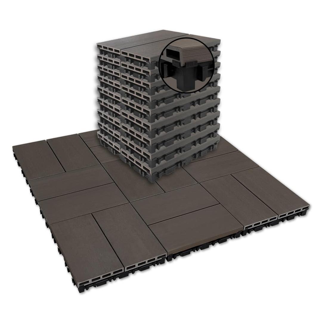 JJWOOD 2-Inch Thick Interlocking Deck Tiles, 9 Pcs 12" x 12" Elevated WPC Patio Flooring, Water-Resistant Outdoor Floor Tiles for Balcony, Porch, Backyard, Roof Deck, Walnut, 11.8 x 11.8inches