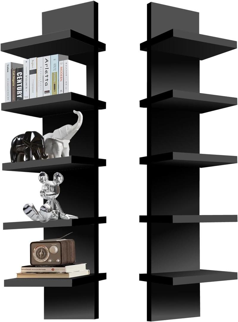 5 Tier Wall Shelf Unit, Decorative Wall Mount Vertical Shelving, Smooth Laminate Finish, Floating Storage Home Decor Organizer Tall Tower Design Utility Shelf for Bedroom Living Room (Black)