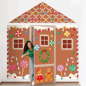 VitalCozy 4 Pcs Christmas Gingerbread Door Decoration Xmas Gingerbread House Candy Door Covers Backdrop Christmas Hanging Banner Porch Sign for Holiday Classroom Office Home Party Decor(Brown)