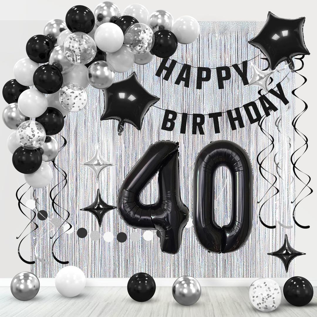 40th Birthday Decorations for Men Women- Black Silver Happy 40th Birthday Party Decor With Banner Backdrop,Number 40 Foil Balloon -Black White Balloons Garland Arch Kit for 40 Years Old Anniversary