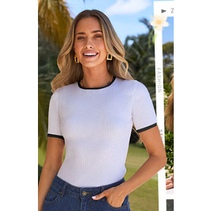 ZESICA Women's Summer Short Sleeve Ribbed Knit Slim Fit T Shirt 2026 Crewneck Basic Casual Color Block Tee Tops, Medium