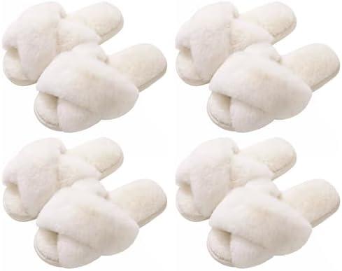 Evshine 2Pairs 4Pairs Women's Fuzzy Slippers Cross Band Memory Foam House Slippers Open Toe Indoor Outdoor Shoes (size 7-8)