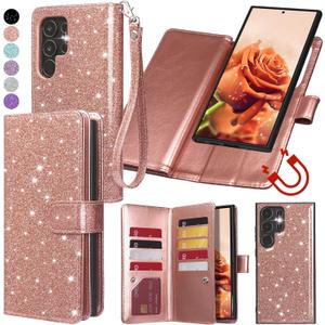 Varikke for Galaxy S23 Ultra Wallet Case Detachable with Card Holder for Women, Glitter PU Leather Strap Magnetic Flip Wallet Removable Phone Case Cover for Samsung Galaxy S23 Ultra 5G 6.8", Rose Gold