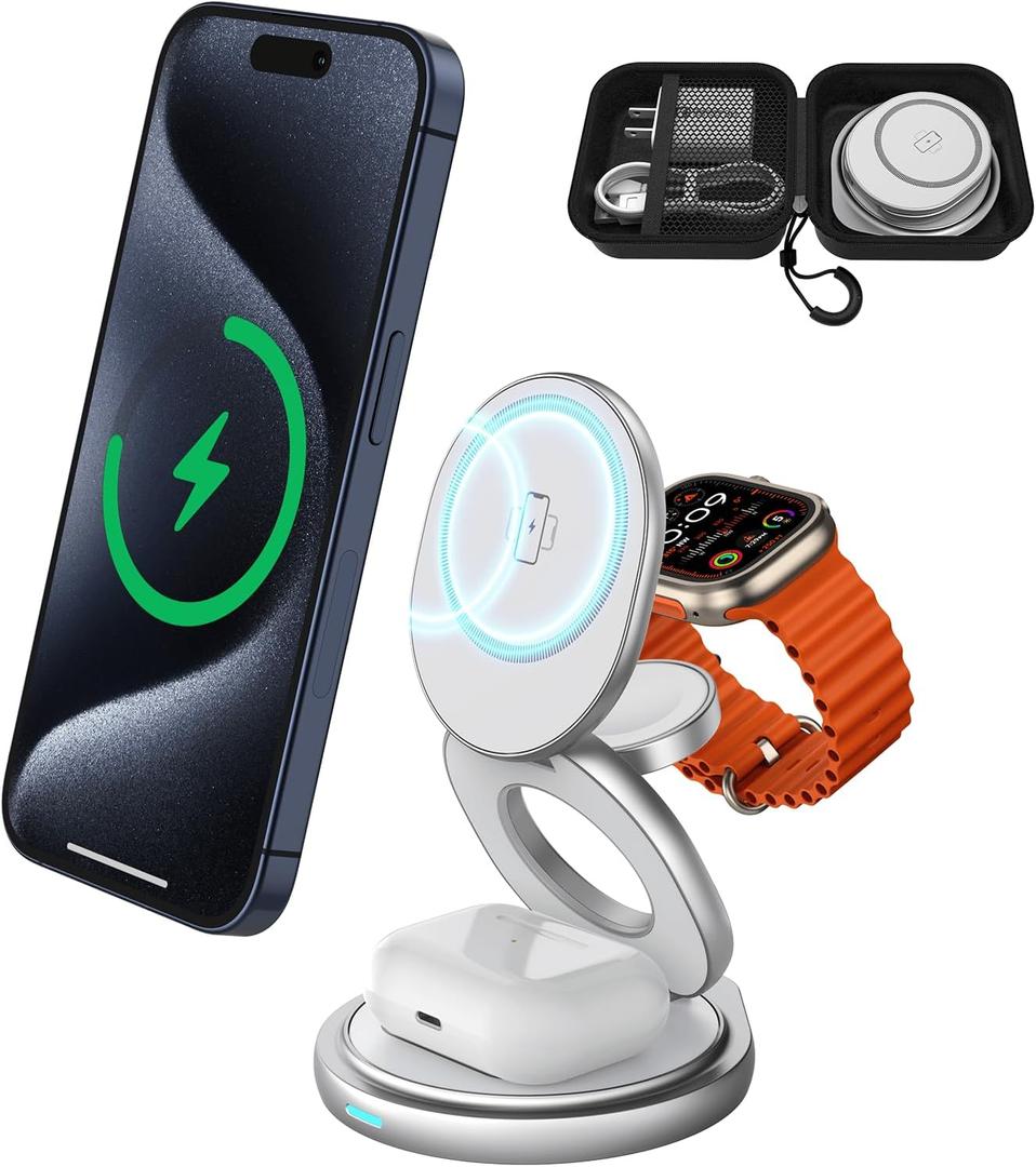 3 in 1 Charging Station for Apple Magsafe Travel Charger for Multiple Devices Aluminum Foldable Magnetic Wireless Charger with 360 Rotating for iPhone 17/16/15/14/13/12 Series,for iWatch,for Airpods (White)