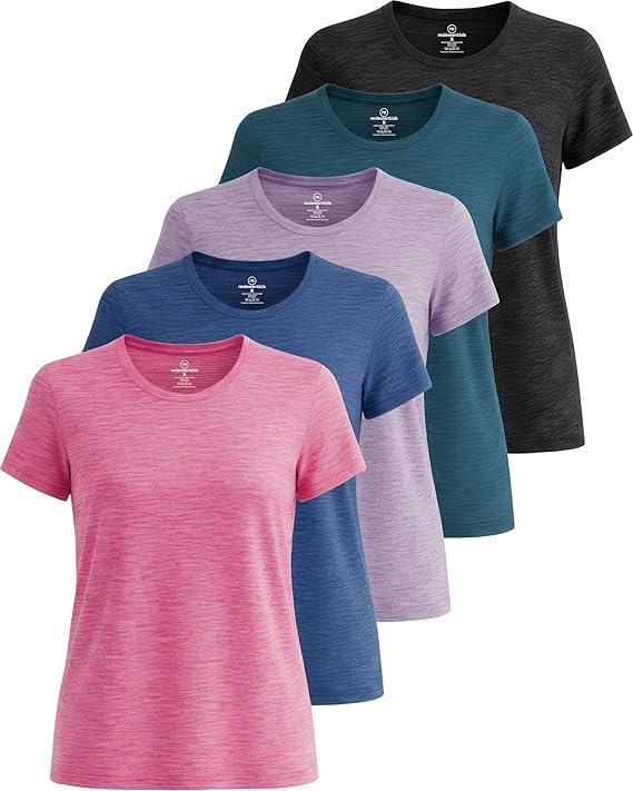 Real Essentials 5 Pack: Women's Short Sleeve T-Shirts Workout Tops Fitness Pilates Gym Activewear Athletic, M
