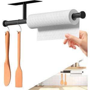 Dual-Purpose Paper Towel Holder Under Cabinet, Upgrade with 4.7in Extended and 5pcs S-Hooks, Adhesive or Screw Wall Mount, Stainless Steel Under Counter Paper Roll Holder for Kitchen Garage (Black)