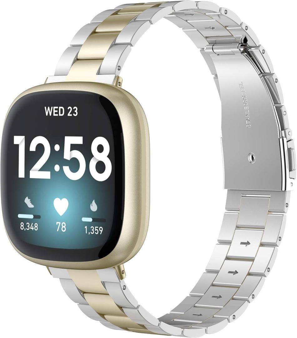 Wearlizer Compatible with Fitbit Versa 4/3 Bands/Fitbit Sense Bands for Women Men, Stainless Steel UltraThin Lightweight Metal Replacement Strap for Versa 4/Sense (Soft Gold+Silver)