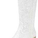 IDIFU White Rhinestone Cowboy Boots for Women Mid Calf Sparkly Western Cowgirl Pointed Toe Low Block Chunky Heel Glitter Country Cute Zipper Dress Booties Wedding Birde Boots (White Rhinestone, 7)
