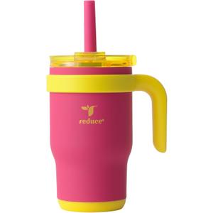 REDUCE 14 Oz Coldee Kids Tumbler with Lid and Straw - Coldee Insulated Travel Mug - Spill-Proof, Sweatproof Stainless Steel, BPA-Free - Includes Handle, Reusable Silicone Straw - Pink Lemonade