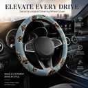 Distressed Denim Steering Wheel Cover for Women with Leopard Print & Bling Rhinestones, Universal Fit 14.5-15 Inch, Cute Jean Anti-Slip Fashion Car Accessories