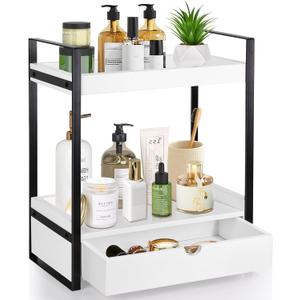 2-Tier Wooden Counter Shelf with Drawer, Vanity Tray for Organization and Decor, Countertop Organizer for Bathroom and Kitchen (White)