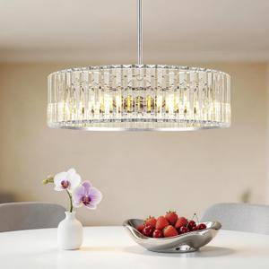 Modern Crystal Chandelier for Dining Room, 6 Light Chrome Semi Flush Mount Ceiling Light Fixtures, 19in Hallway Fixture, Round Kitchen Hanging Drum Pendant Lights Ceiling for Living Room Bedroom Foyer