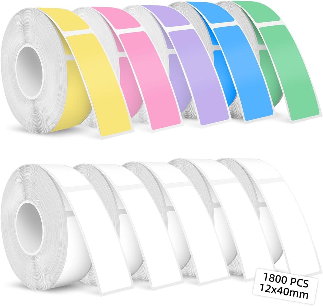 D30 Label Tape 1800 PCS D30 Labels Compatible with Phomemo Portable Thermal Printer, 12x40 mm, 10 Rolls, Colorful