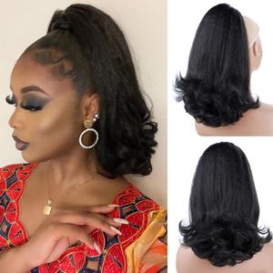 Nature Black Drawstring Ponytails for Black Women Yaki Straight Ponytail Hair Extensions Tail Warping Pony tail Hair Extensions Natural Black Synthetic 16" Hair Bun Hair Pieces for Women (1B#)
