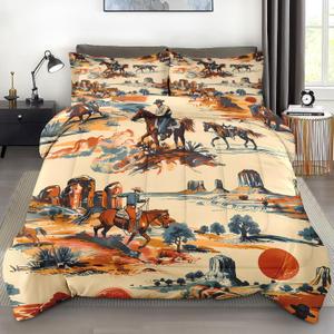 Comforter Set Twin Size, Vintage Western Cowboy Soft 2 Pcs Bedding for Kids and Adults West Horse Desert Comforter Set with Pillowcase for Bedroom Bed Decor