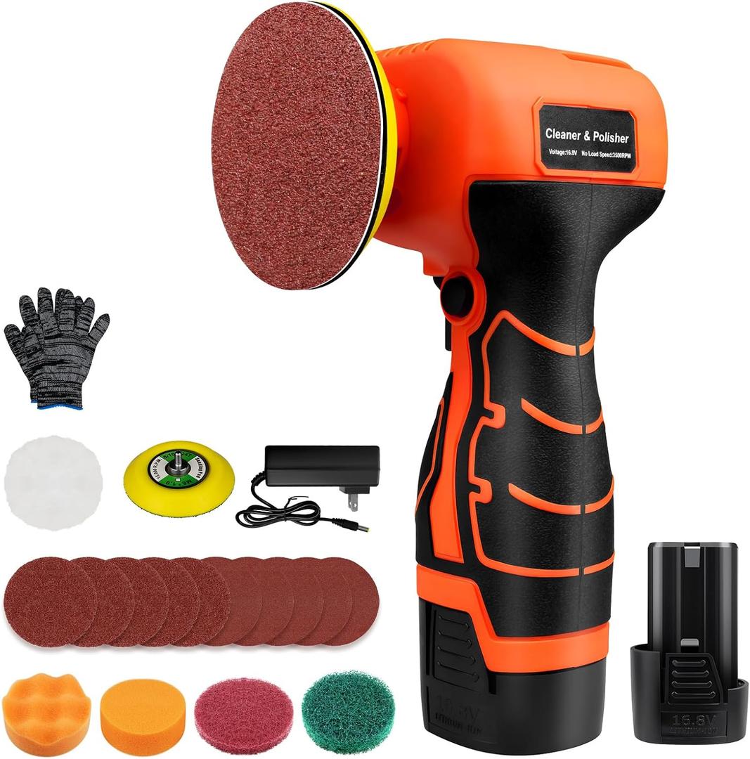 Cordless Sander, 3" Palm Sander with 16.8V 3.0Ah Li-ion Battery, 3500RPM Mini Polisher, 19 Accessories Sander Tool for Sanding/Polishing/Waxing/Cleaning (Orange-black)