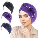 SJTYDX 3Pcs Flower Turban Hats for Women Solid Headwear Ruffle Pre Tied Beanie Hijab Undercap Chemo Cancer Hair Wrap Caps