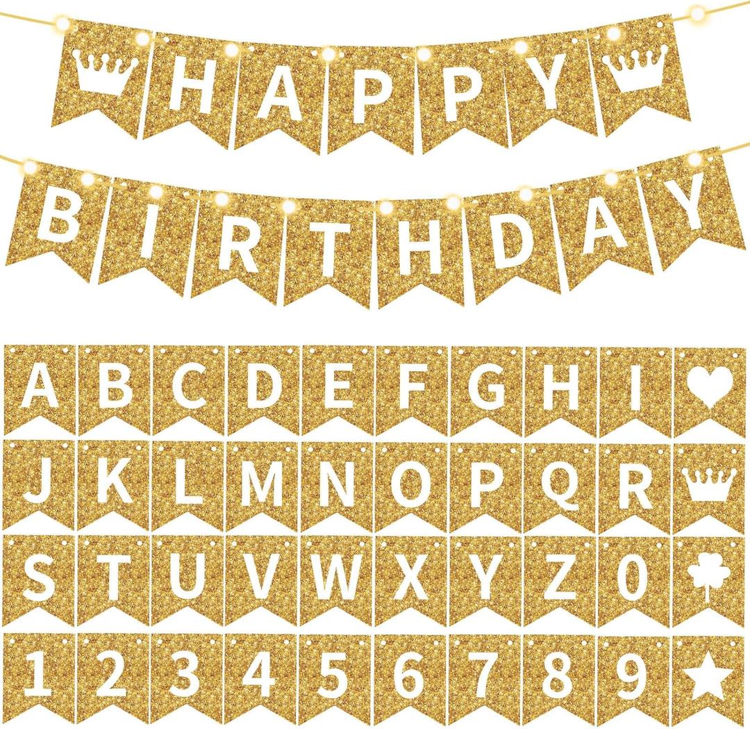 TaoBary 135 Pcs DIY Banner Custom Letters Kit Make Your Own Banner for Birthday Graduation Party Decor Include 107 Letters and Numbers, 16 Symbols, 2 String Lights, 5 Needles, 5 Rope (Gold)