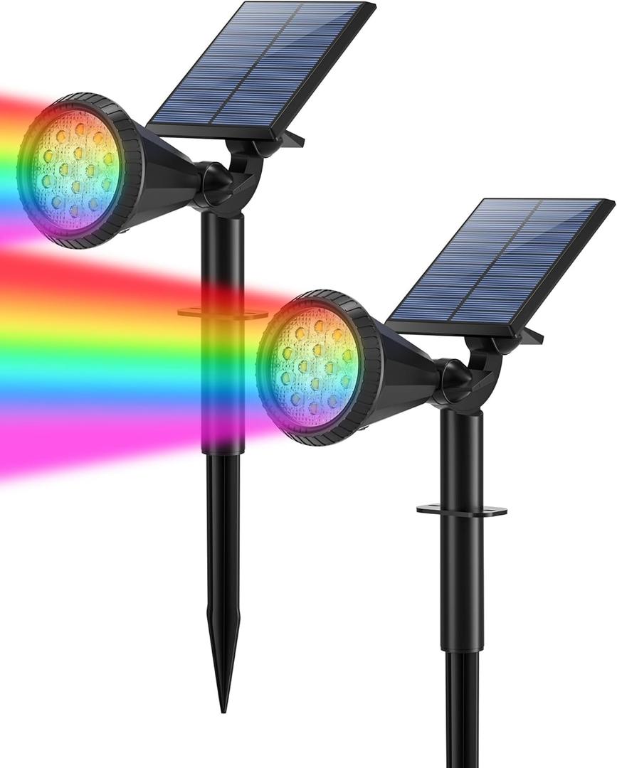 Color Changing Solar Spot Lights Outdoor Waterproof 180 Adjustable Colored RGB Solar Powered Landscape Lights for Yard 7 Lighting Modes Solar Spotlights for Pathway Garden Outside (2 Pack)