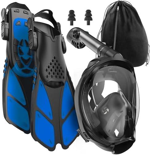 COZIA DESIGN Snorkeling Gear for Adults - Full Face Snorkel Mask and Swim Fins, 180Â° Panoramic View Snorkel Mask, Anti Fog and Anti Leak Adult Snorkel Set (Black, Mask M - Fins M)