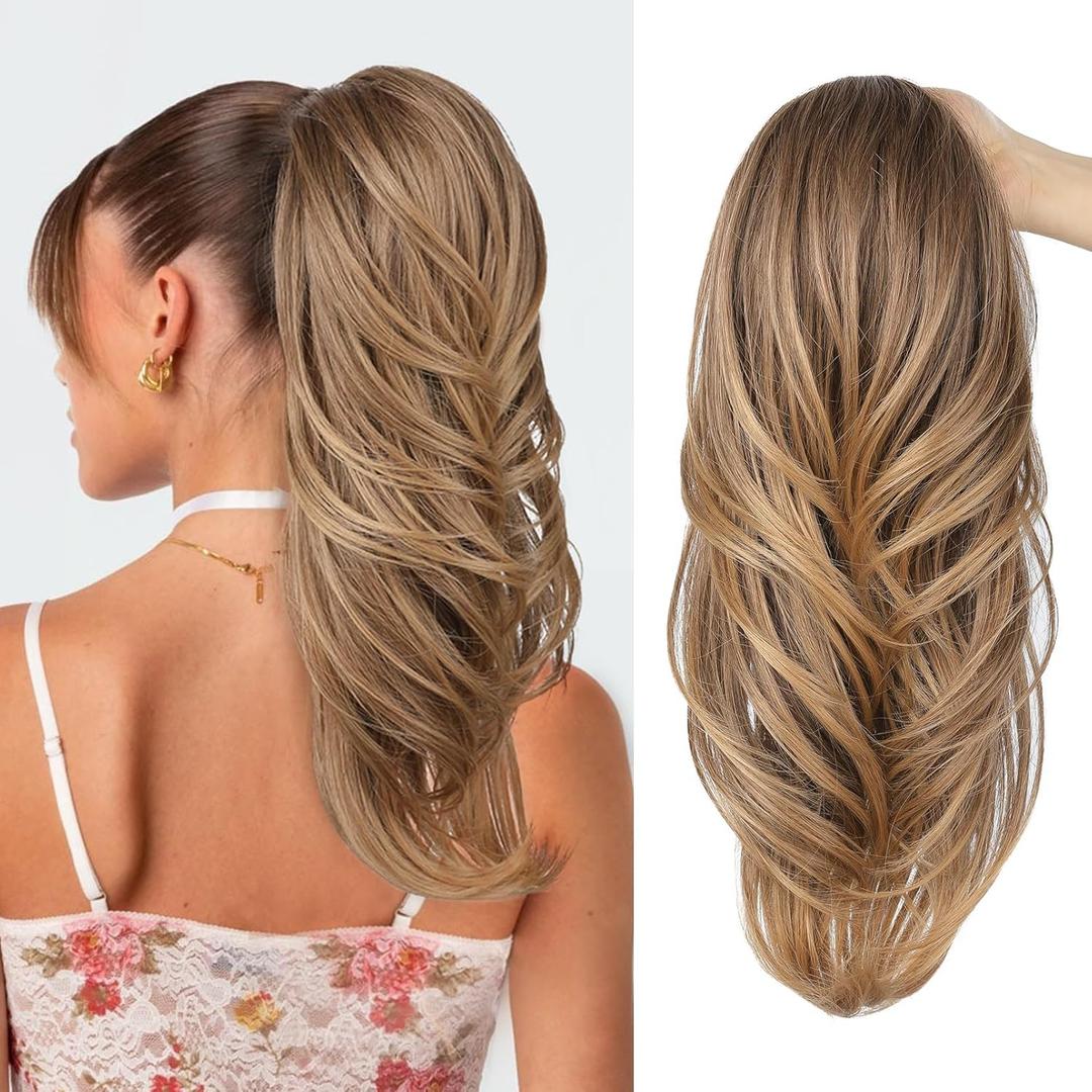 SEIKEA Versatile Drawstring Ponytail Extension, 18" Long Wavy Multi Layered Clip in Ponytail Hair Extensions Stand Up High Fake Pony Tail Soft Natural Synthetic Hairpiece for Women Brown to Blonde