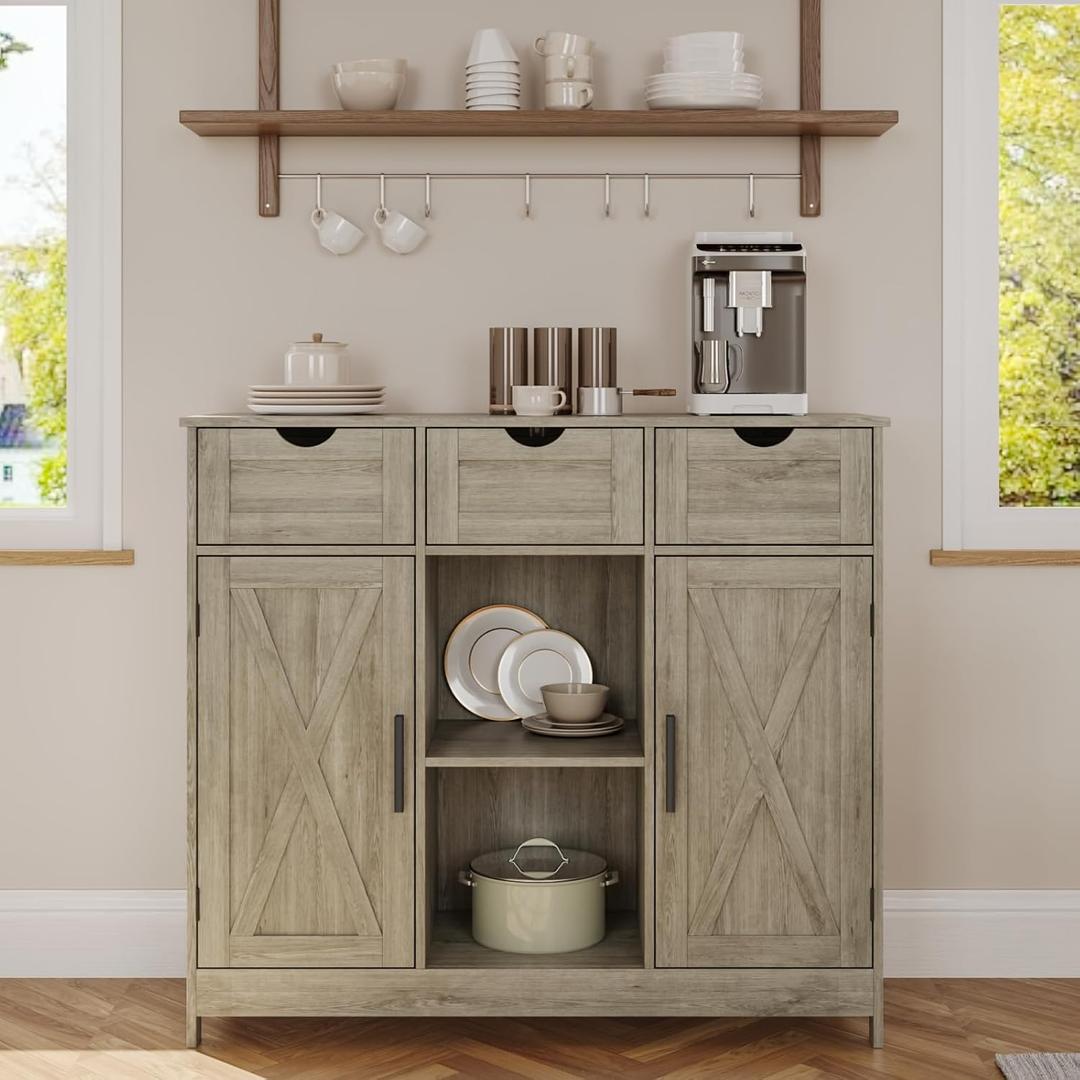 Viaozutis Storage Cabinet, Coffee Bar Cabinet with 2 Adjustable Shelves, 3 Drawers, and 2 Doors, for Bathroom, Kitchen, Living Room (Gray), 35.43"W x 31.49"H x 11.81"D