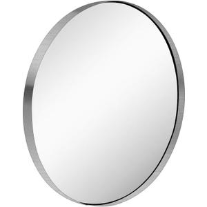 28-Inch Circle Wall Mounted Mirror - Brushed Nickel Silver Round Glass Panel, Deep Set Design, Stainless Steel Frame for Bathroom, Entryways, Living Rooms (28"L x 28"W)