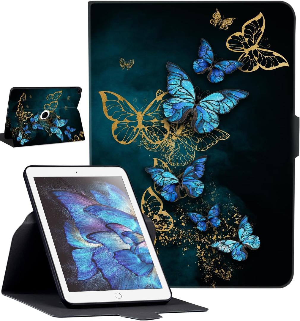 Rotating Case for iPad 9.7 inch 6th/5th (2018/2017), and iPad Air 2 with Auto Sleep/Wake,Blue Butterfly