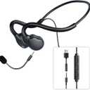 Open Ear Headphones with Microphone Detachable, Crystal Cable, 3.5mm + USB Wired Audio Control- Black