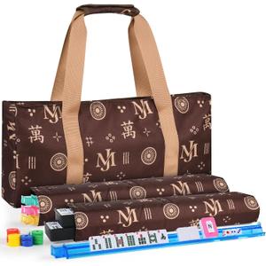 2026 American Mahjong Tiles Set, 166 White Tiles, 4 Color Racks & Pushers, Complete Western Mahjong Set with Blue Carrying Bag for Beginners & Experts (Brown)