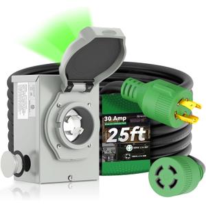 RVINGPRO 30 Amp Generator Cord 25FT and Power Inlet Box, Pre-Drilled 30 Amp Generator Inlet Box with Cord, NEMA L14-30P to L14-30R Generator Cord Waterproof Combo Kit, ETL Listed
