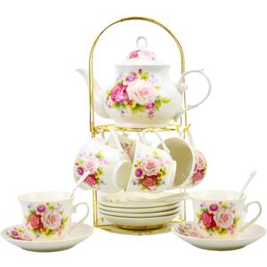 20-Pieces Porcelain Bone china Tea Sets,Gold Rim Coffee Set with Golden Metal Rack,Tea Gift Sets for Home&Party (008)