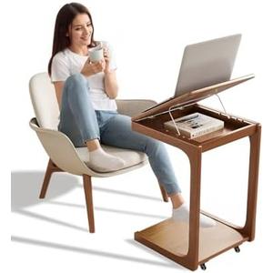 AQIMUELE Wooden C-Shaped End Table, Couch Table with Adjustable Desktop, Small Rolling Side Table with 2 Lockable Wheels, Small End Table for Couch, Living Room, Bedroom (Walnut)