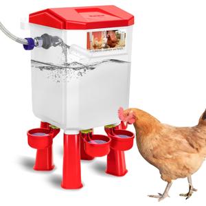 Lilyang Float-Controlled Automatic Chicken Waterer for Continuous Fresh Water, Self Filling Chicken Waterer with 60 Inch Water Hose (One End 3/4''), Suitable for Quail Duck Turkey (Red, 2 Gallons)