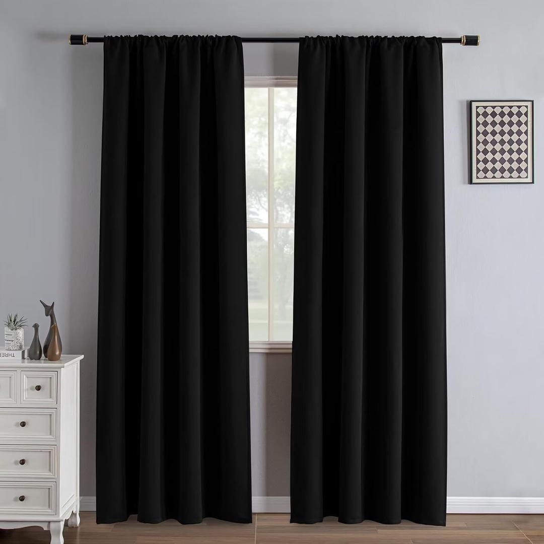 Black Blackout Curtains 84 Inch Length 2 Panels Set, Black Out Curtains for Bedroom 84 Inch Long, Rod Pocket Energy Saving Room Darkening Drapes for Living Room Window(W52 x L84)