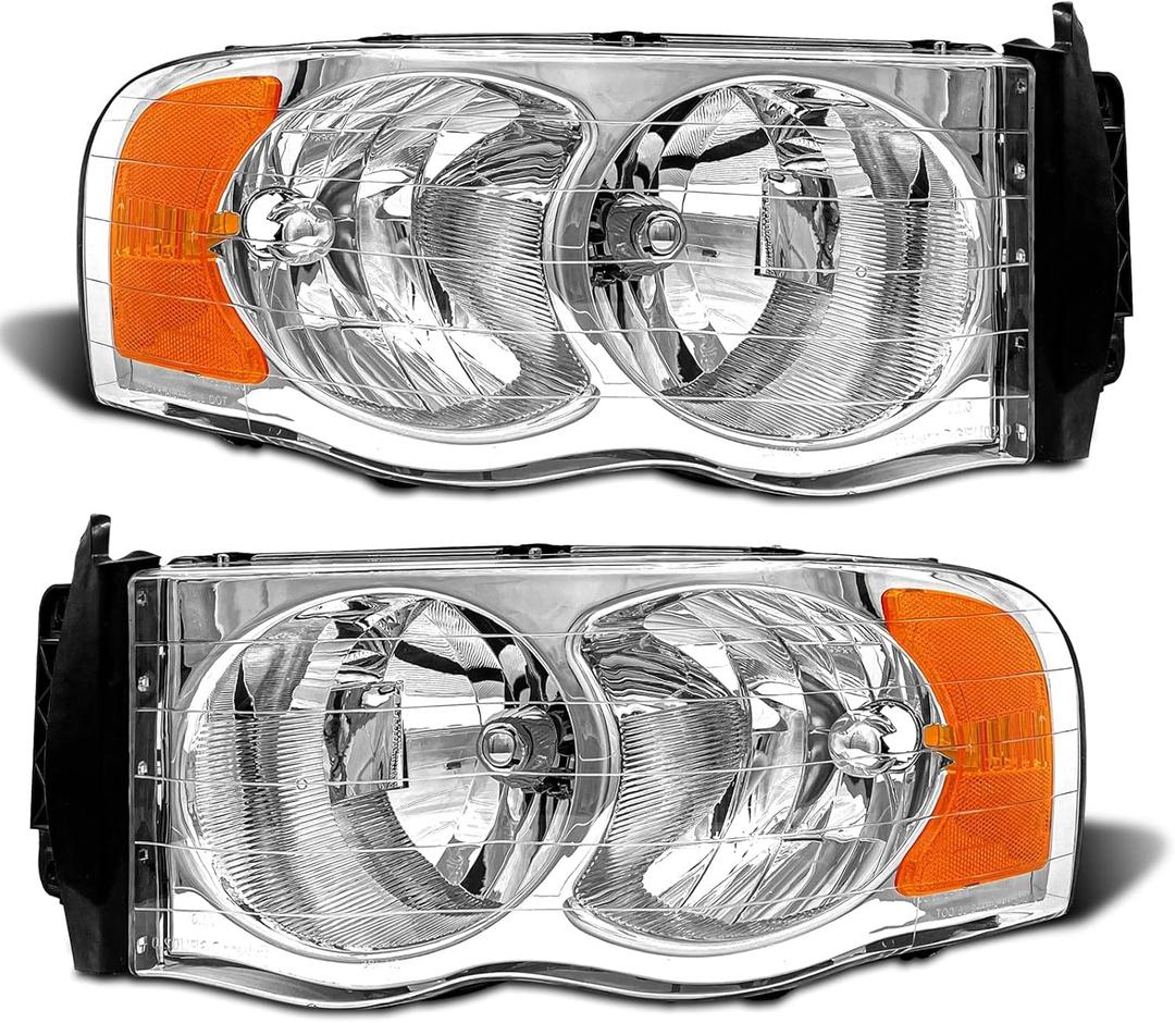Headlight Assembly Compatible with 2002-2005 Dodge Ram 1500/03-05 Ram 2500 3500 Chrome Housing with Amber Reflector Clear Lens Headlamp Replacement Left and Right
