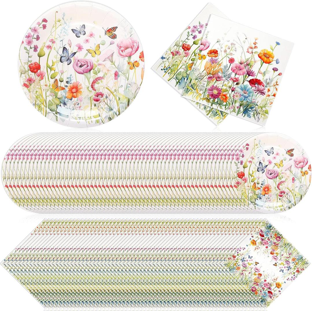 Zhehao 120 Pcs Wildflower Dessert Plates Flower 7 Inch Disposable Paper Plates and Napkins Bulk Floral Birthday Party Decorations Wedding Party Supplies