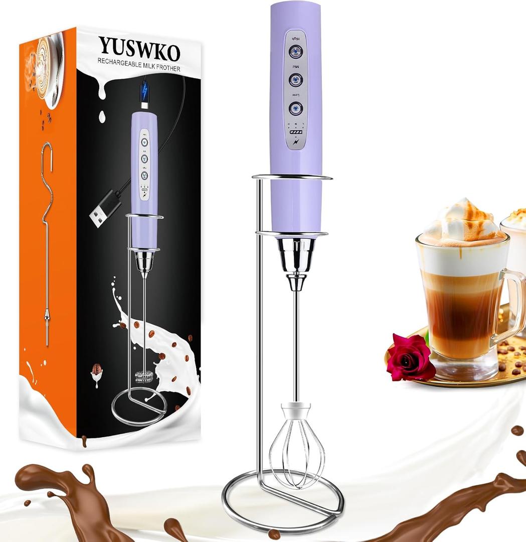 YUSWKO Light Purple Rechargeable Milk Frother for Coffee with Stand, Handheld Drink Mixer with 3 Heads 3 Speeds Electric Stirrers for Latte, Cappuccino, Hot Chocolate, Egg