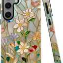 Case for Samsung Galaxy S24,Stained Glass Bloom Flower Phone Case Drop Resistant Glossy 2 in 1 Solid Dual-Layer Cover for Girl Women