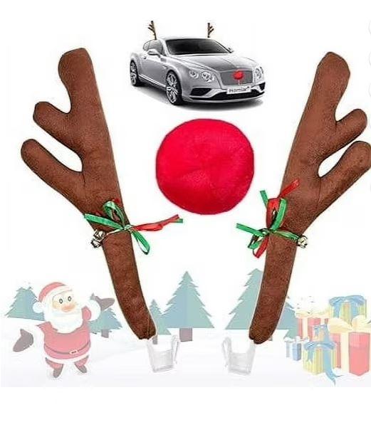 Christmas Reindeer Antlers Car Decoration Kit, LED Multicolor Lights Nose Vehicle with Jingle Bells Rudolph, Auto Holiday Accessories for SUV Van Truck Decor