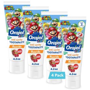 Orajel Kids Super Mario Anti-Cavity Fluoride Toothpaste, Natural Berry Flavor, 4.2oz Tube, 4-Pack