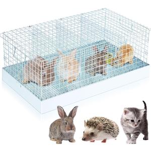 DoubleFill 4 Hole Folding Rabbit Transport Cage, 28 x 16 x 12 in Portable Rabbit Bunny Carrier with Tray and Handles for Travel Temporary Housing, Indoor Outdoor Pet Habitat Animal Enclosure