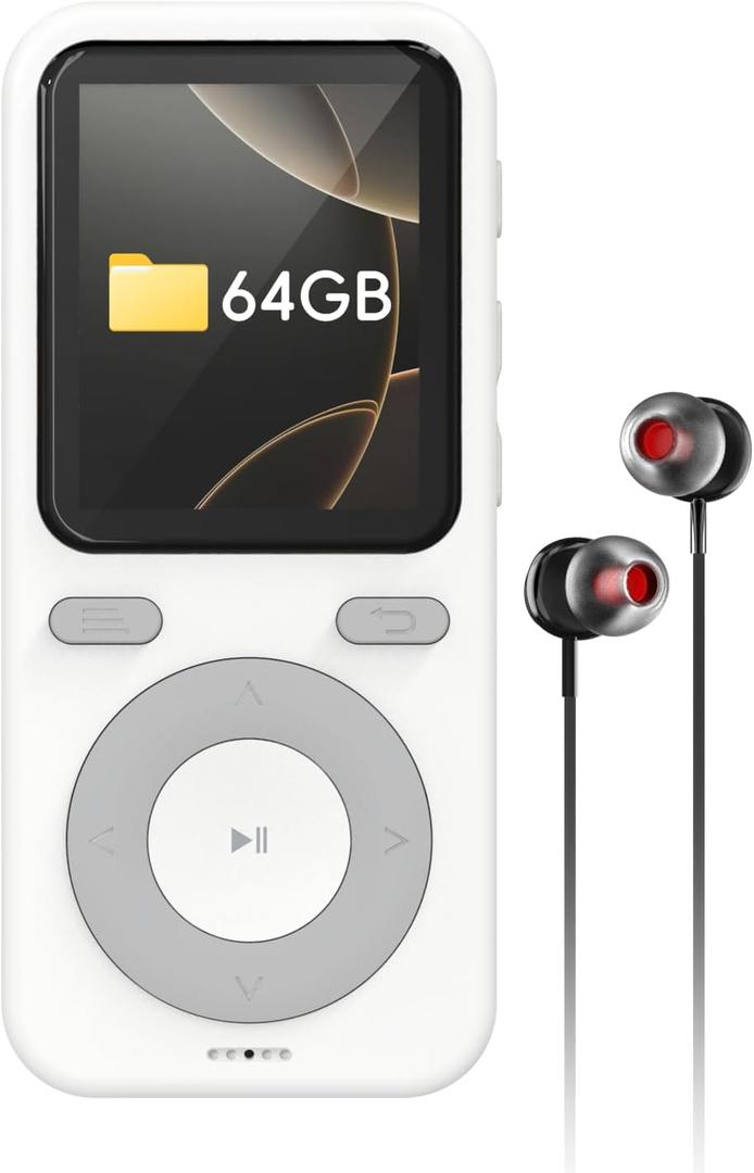 64GB MP3 Player with Bluetooth,Portable HiFi Lossless Sound Bluetooth MP3 Player with Speaker,Voice Recorder,Shuffle for Sport,Hiking,Running,Micro SD Card up to 128GB(Earbuds Included) (white)