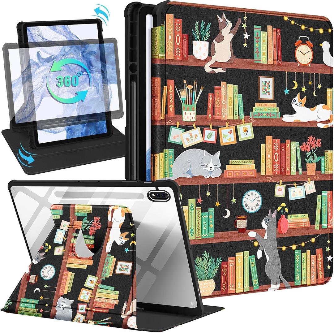 Kidcube for Samsung Galaxy Tab S9 Plus/S9 FE Plus Case 12.4 Inch for Women Girls Kids Folio Cover with Pencil Holder Cute Cartoon Cat Kawaii Design Rotating Stand Tablet Case for Tab S9 FE+/S9+ 2023 (6-Cat Bookshelf)