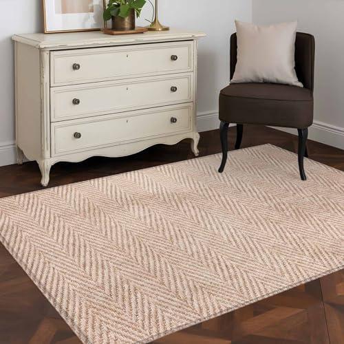 4x6 Beige Herringbone Area Rug for Living Room Bedroom, Machine Washable Non Slip Indoor Rug Modern Minimalist Woven Textured Soft Low Profile Floor Carpet for Dining Room Office Home Decor